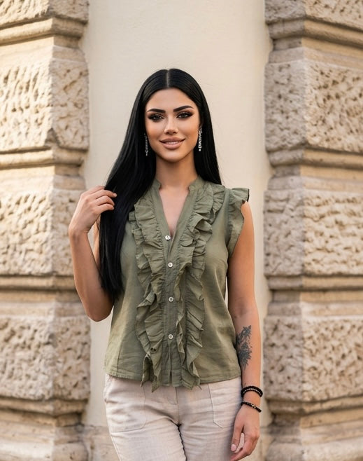 Blouse à volant kaki
