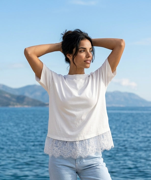 T-shirt coton finition dentelle