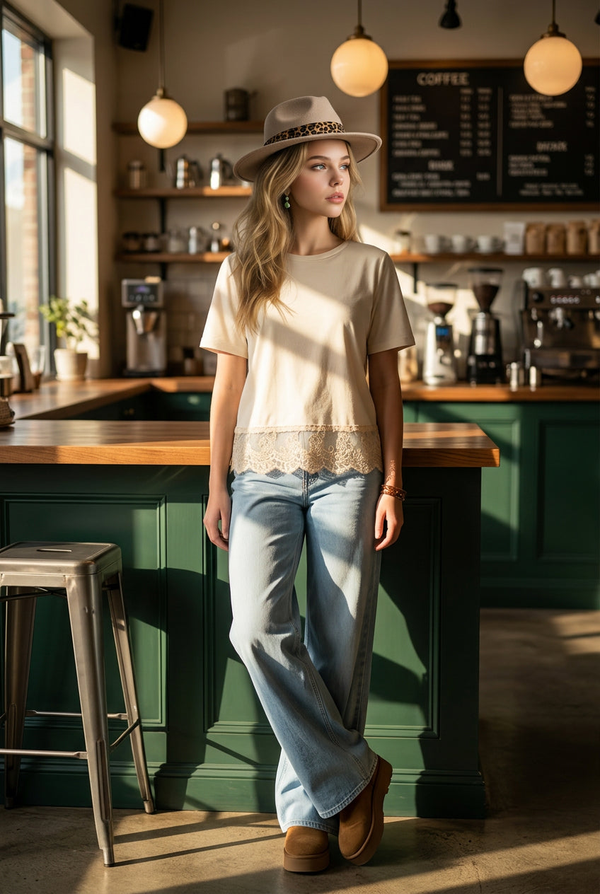 T-shirt coton finition dentelle